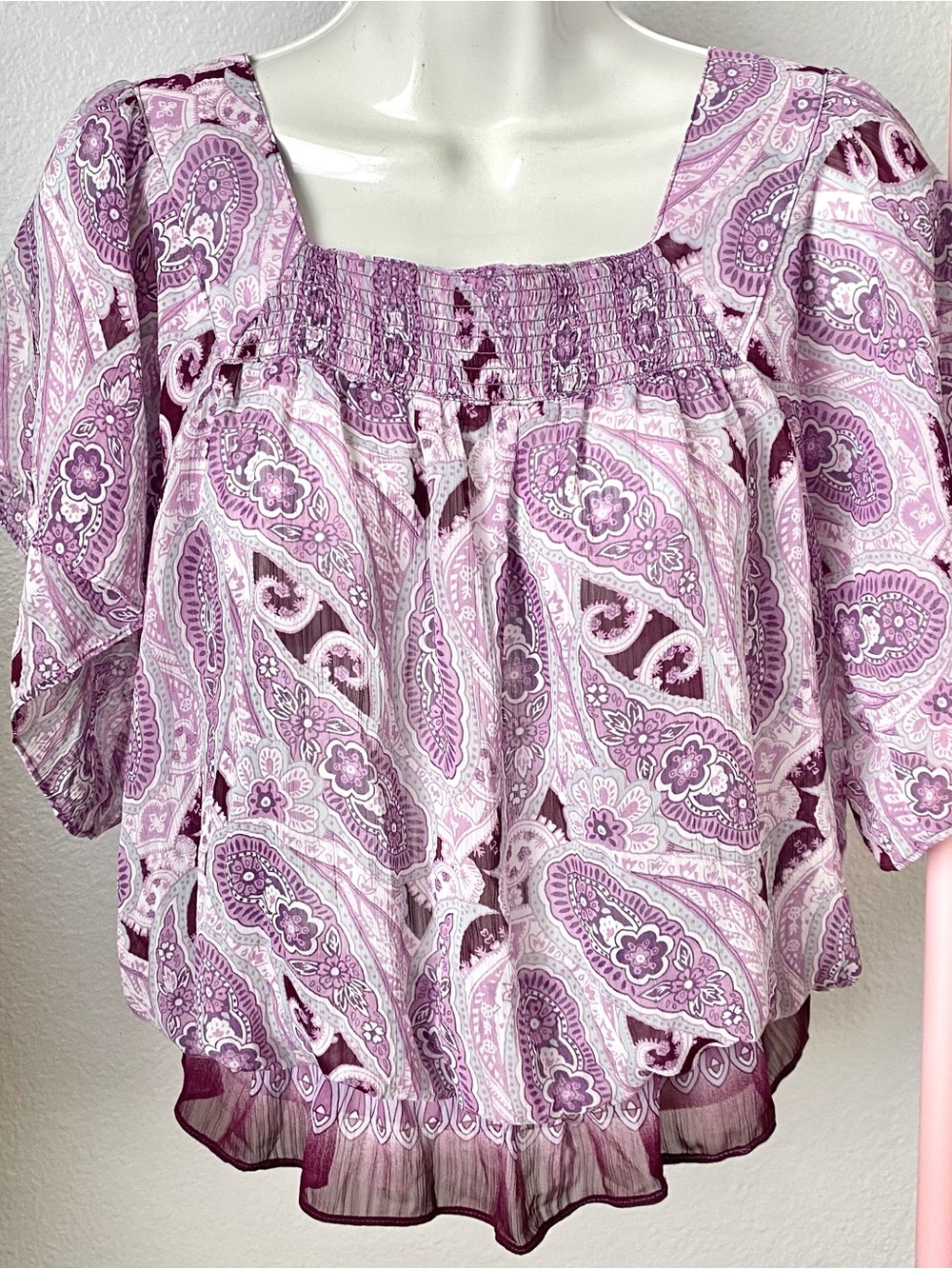 Bohemian Smocked Square-Neck Blouse - Lavender Paisley